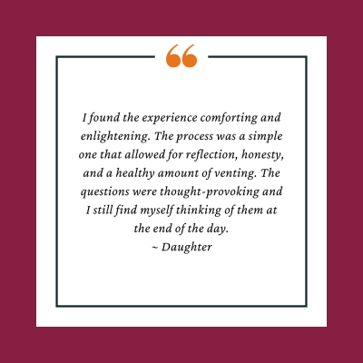 Participant testimonial reads, "I found the experience comforting and enlightening. The process was a simple one that allowed for reflection, honesty, and a healthy amount of venting. The questions were thought-provoking and I still find myself thinking of them at the end of the day.